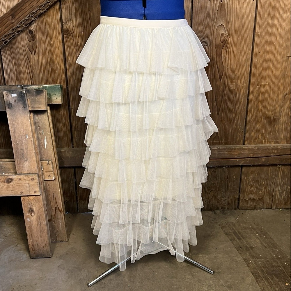 Ebossy Womens LX Cream Tulle Tiered Layered Mesh Long Skirt Fairy Whimsygoth